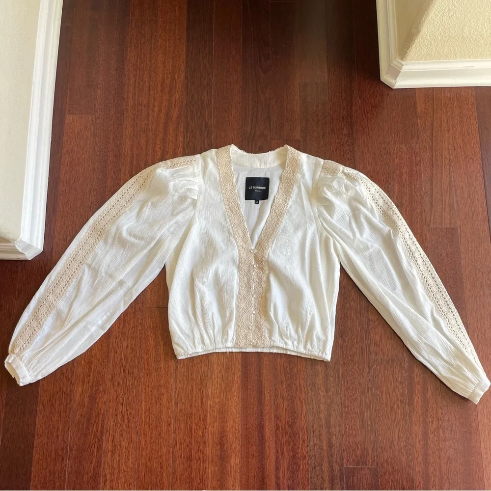 Le Superbe Vacation Ready Blouse Long Sleeve Crochet Size 2 White Natural
